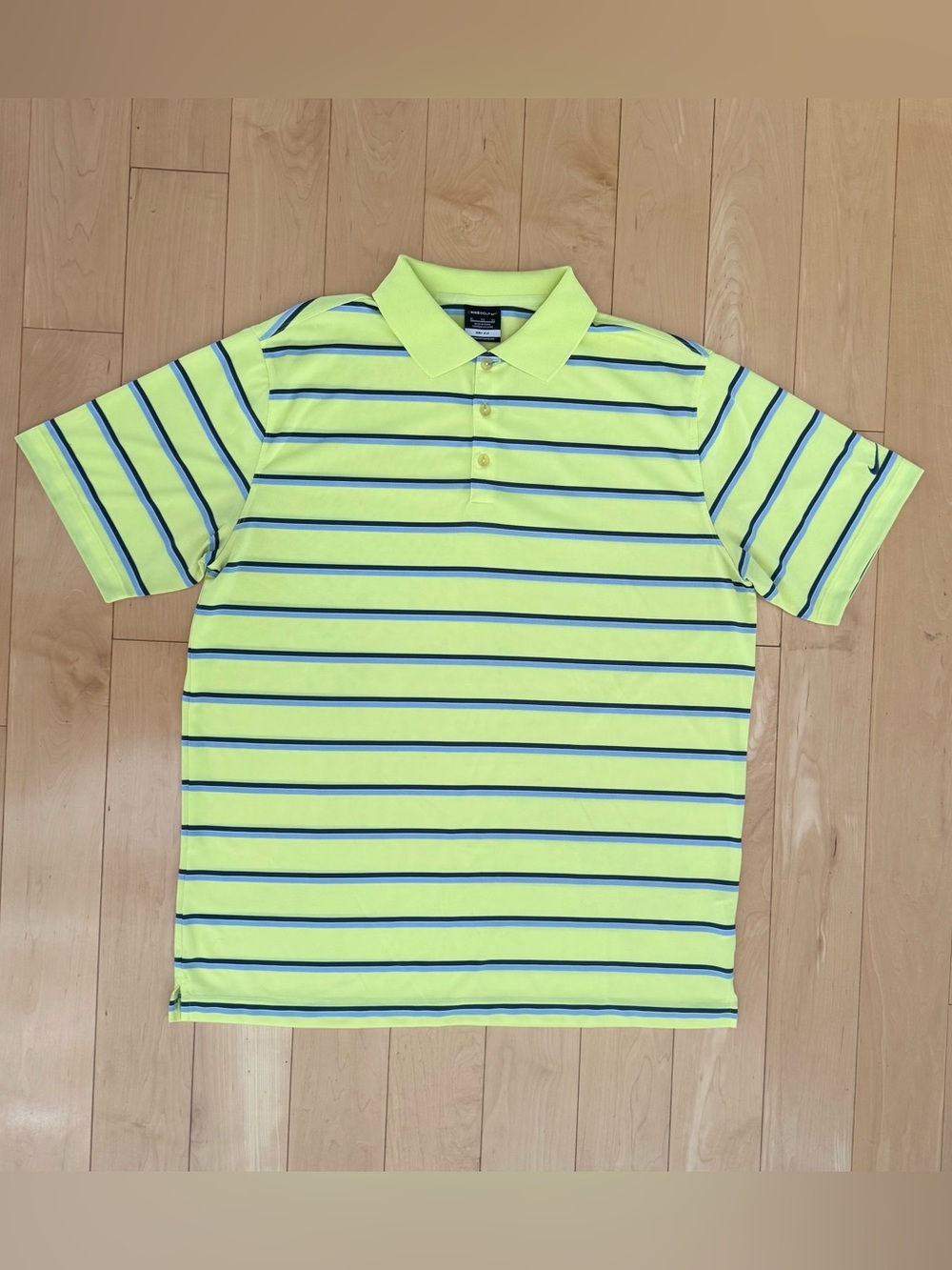 Nike Golf Dri-FIT Polo Mens XL Neon Yellow Blue Striped Performance Golf Shirt